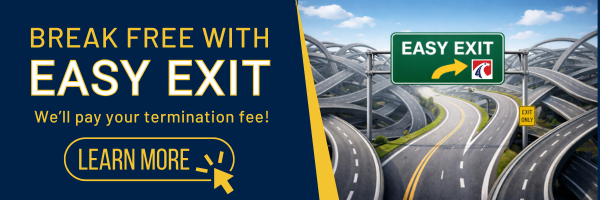 Cashway Funding Easy Exit program banner offering to pay trucking company factoring termination fees. Features a highway exit sign, the message "Break Free with Easy Exit," and a Learn More button promoting an easy switch to a new freight factoring provider.