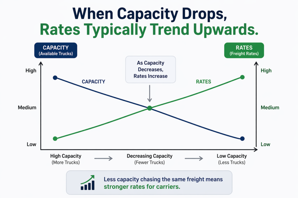 Graph illustrating the relationship between trucking capacity and freight rates, showing that as available trucks decrease, freight rates typically rise.
