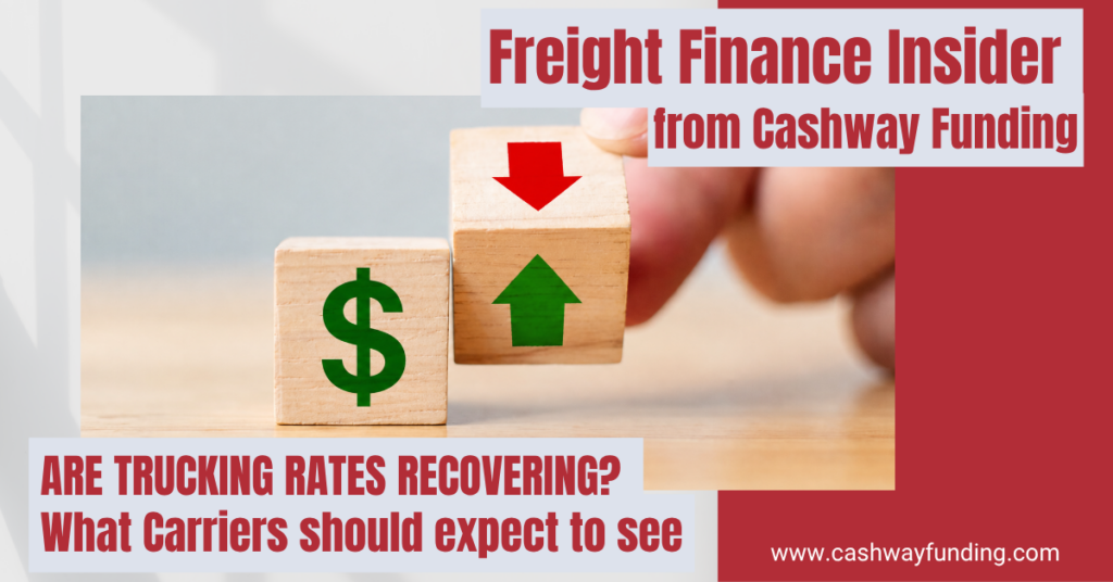 Illustration of trucking rate trends with dollar symbol and up/down arrows, representing freight market recovery and what carriers can expect in 2026.