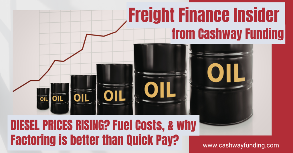 Diesel prices rising concept with oil barrels and graph, highlighting fuel costs and factoring vs Quick Pay for truckers