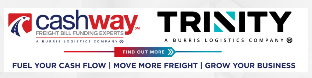 Cashway Funding and Trinity Logistics partnership banner promoting freight factoring, trucking cash flow solutions, and freight opportunities. Features a "Find Out More" button and the message "Fuel Your Cash Flow, Move More Freight, Grow Your Business" for owner-operators, fleets, and trucking companies.