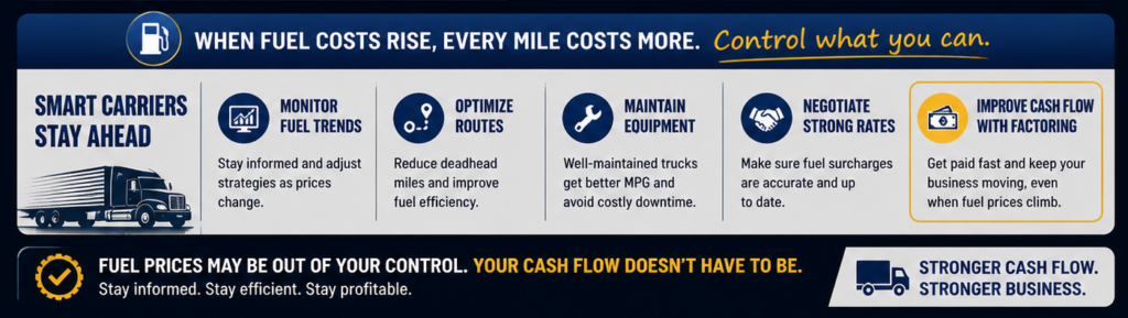 Infographic explaining the impact of rising fuel costs on trucking companies, highlighting strategies like fuel efficiency, route optimization, and improving cash flow through invoice factoring.