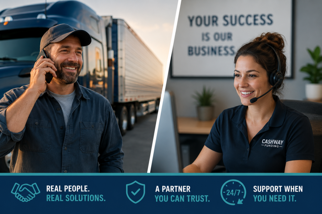 Split image of a truck driver speaking on the phone with a friendly Cashway customer service representative, illustrating the importance of personal service and trusted partnerships in freight factoring.