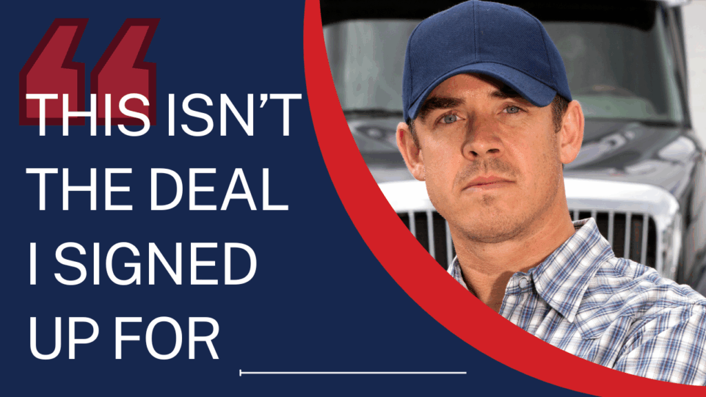 Trucker standing in front of a semi-truck with text reading ‘This isn’t the deal I signed up for,’ illustrating frustration with his factoring agreement.