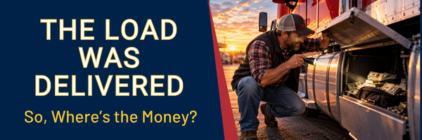 Trucker searching for money after delivery beside the words “The Load Was Delivered — So, Where’s the Money?